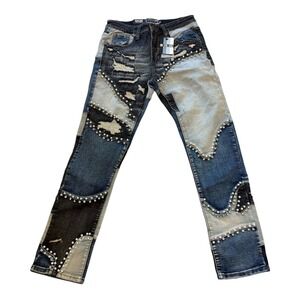 Decibel Mens Patchwork Distressed Rhinestone Jeans Indigo DEC-WB-487 32x33 NWT